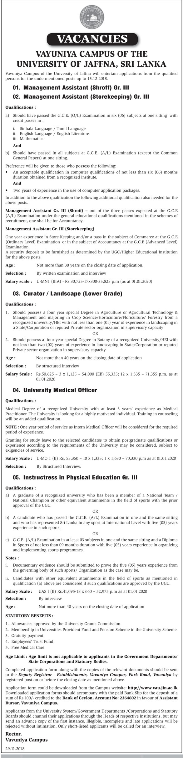 Management Assistant, Curator (Landscape), University Medical Officer, Instructor in Physical Education - Vavuniya Campus of the University of Jaffna